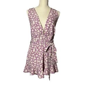 Shein Purple with Daisies Plunging V-Neck Wrap Around Tie Jumper Romper Size M